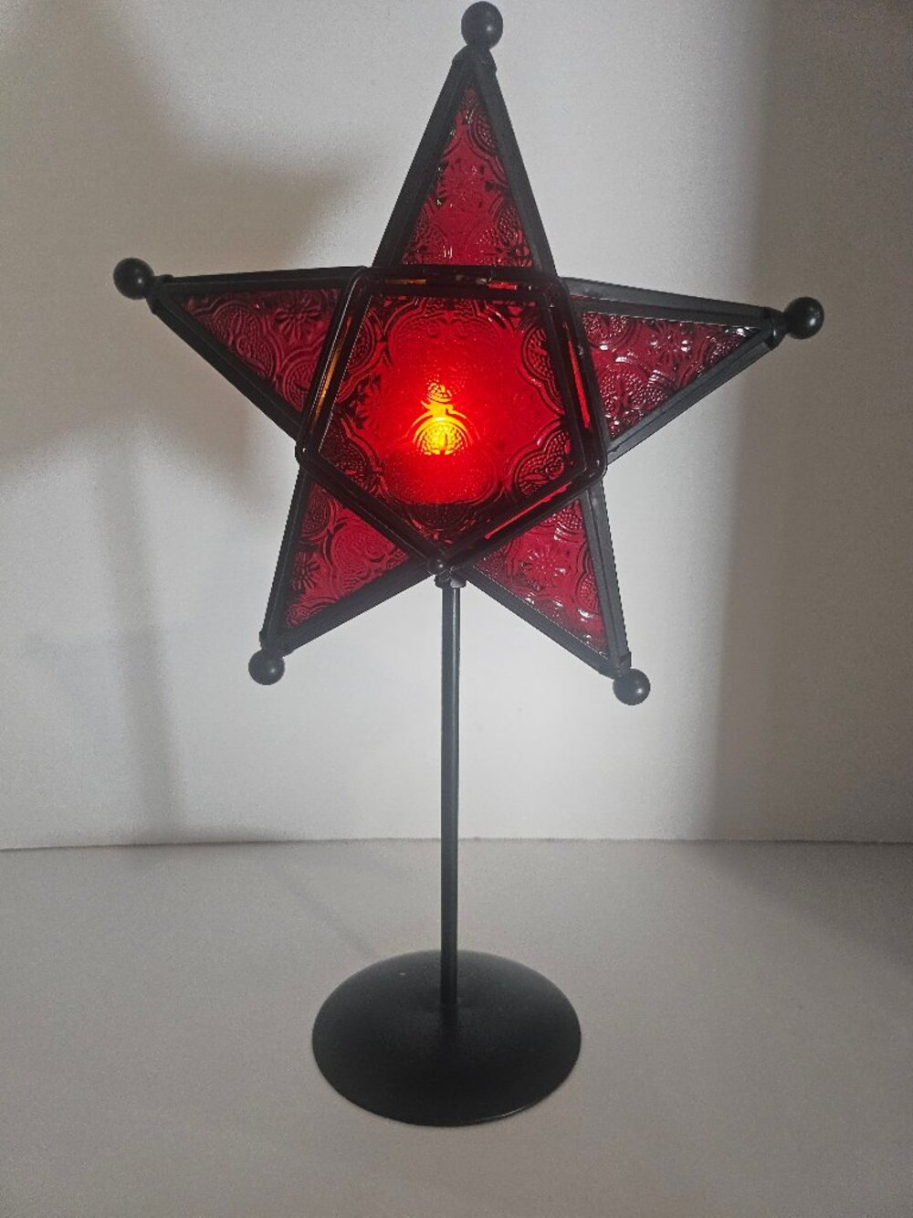 Embossed Red Glass Metal Star Tea Light Candle Holder 13 Inches On Stand